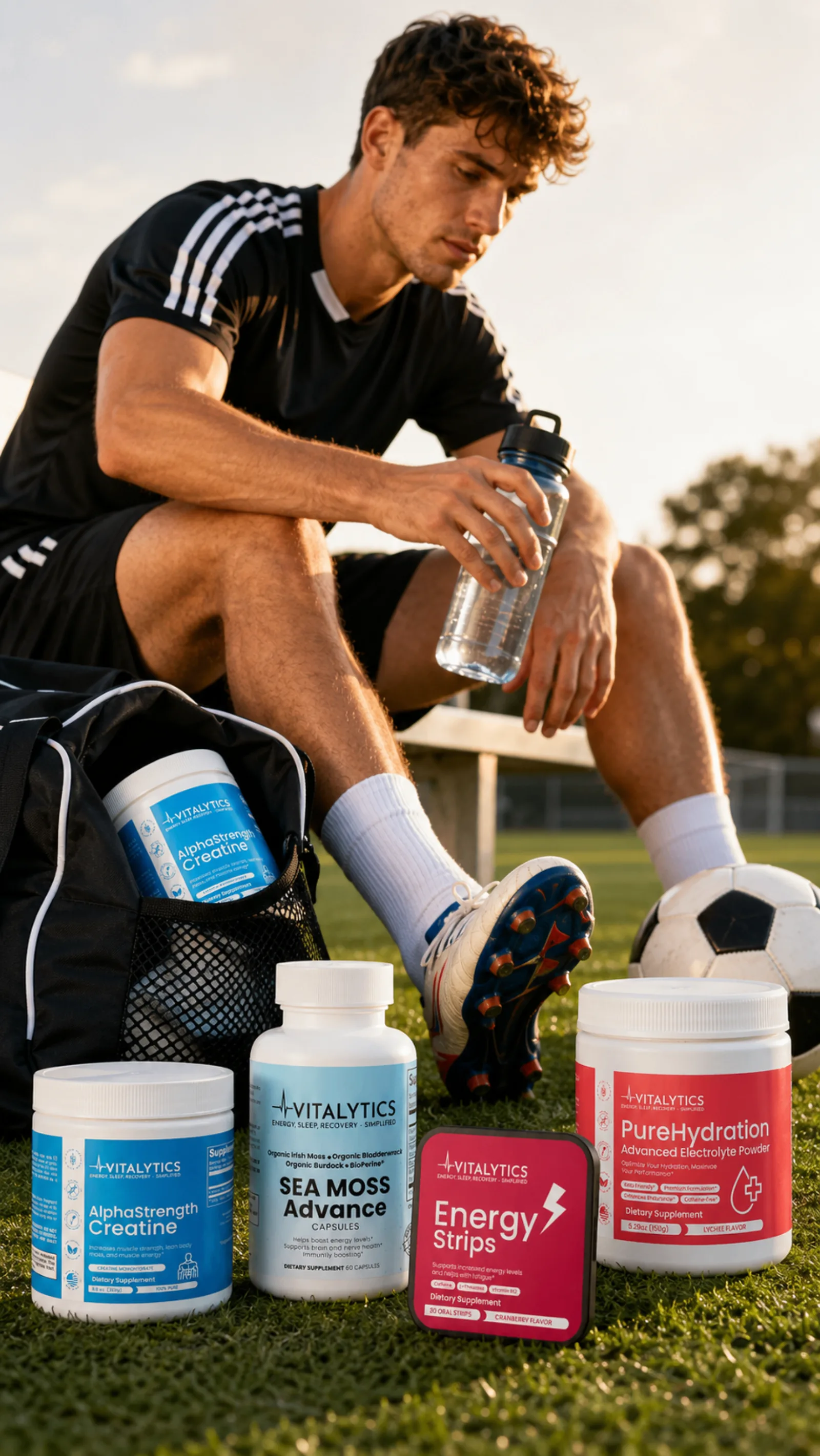 Athlete resting on a soccer field bench with Vitalytics supplements arranged on the grass.