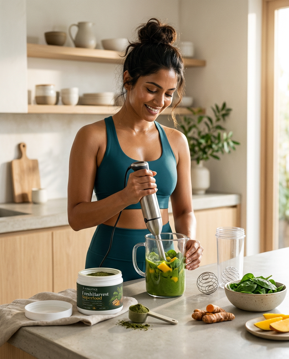 South Asian woman preparing a vibrant green smoothie with Fresh Harvest SuperFood Powder, mango, and spinach on a wooden counter.